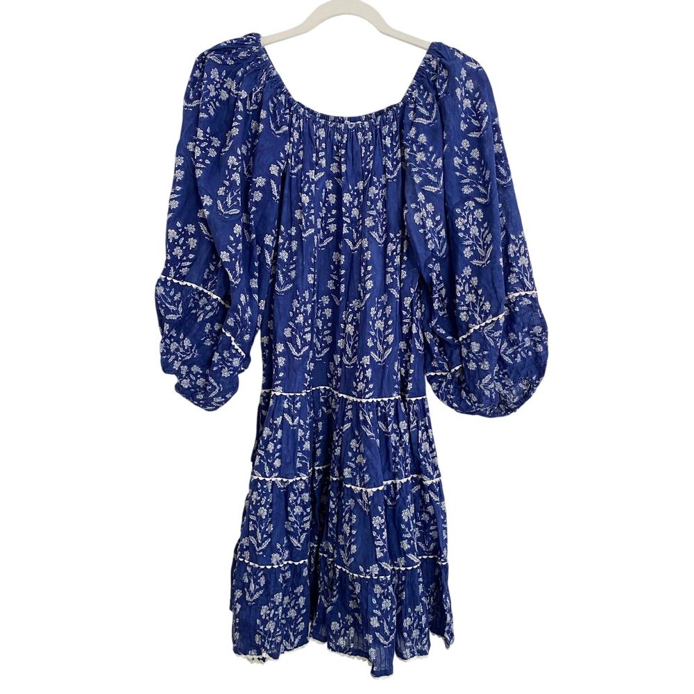 Juliet Dunn Tuckernuck Blouson Puff Sleeve Blue Block Print Mini Cotton Dress OS
